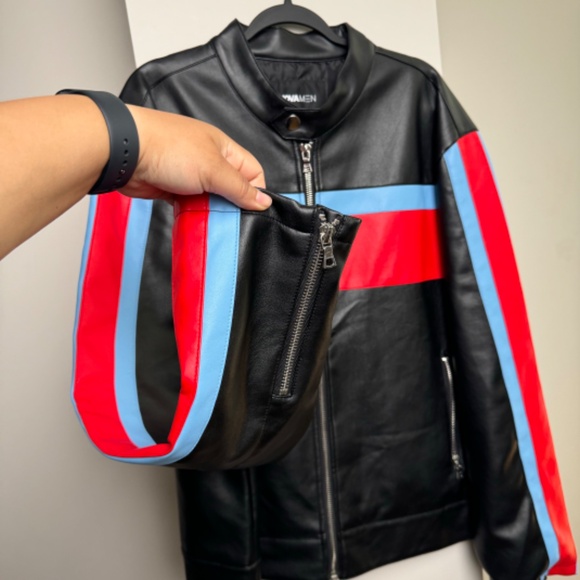 Fashion Nova Racing Faux Leather Jacket - Black/Red Blue - Picture 7 of 11